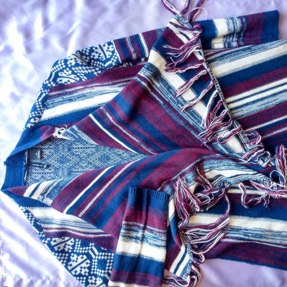 New Direction Long Drape Blue White Burgundy Striped Cardigan Sweater